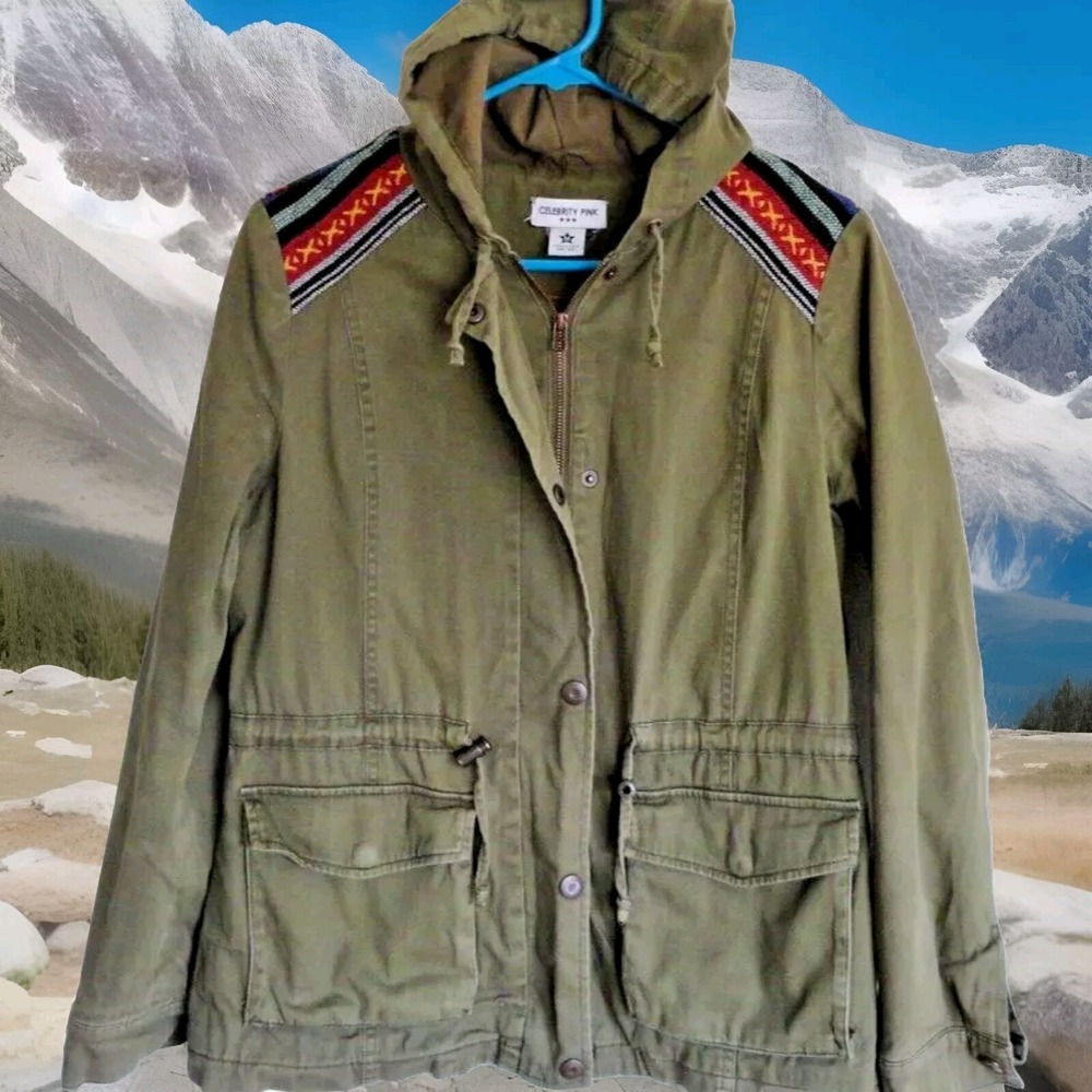 Celebrity Pink Jacket Women's Medium Army Green Embroidered Utility Coat